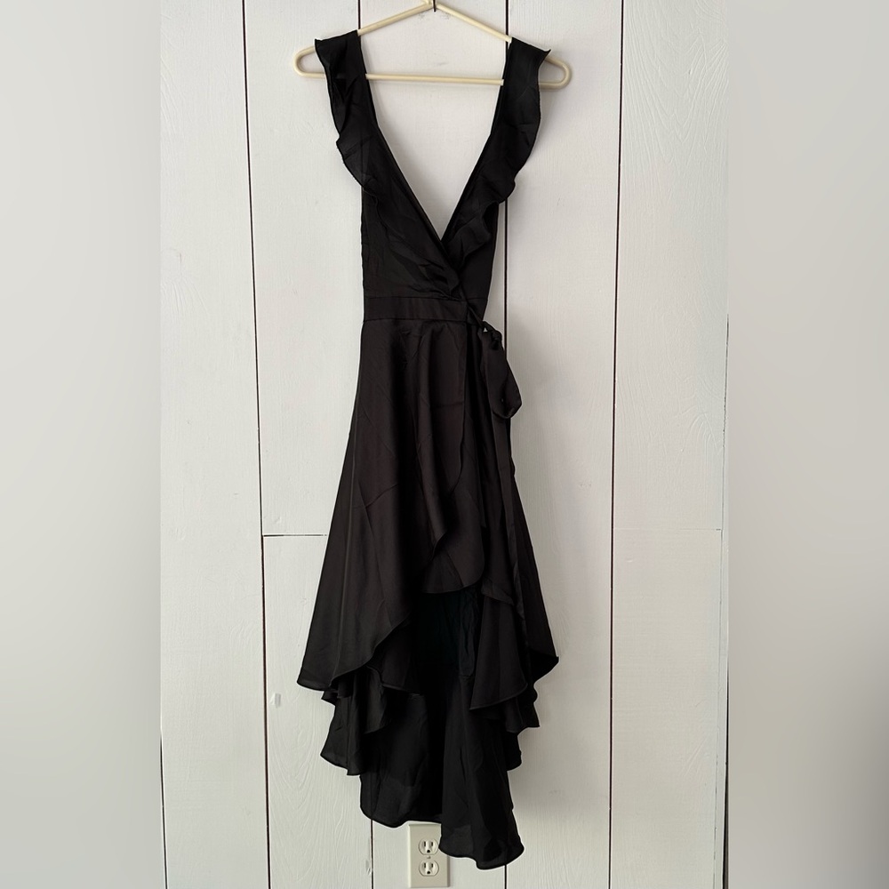 Nasty Gal Collection Black Wrap Dress Ruffle Sz 6 LBD Whimsigoth Fairy